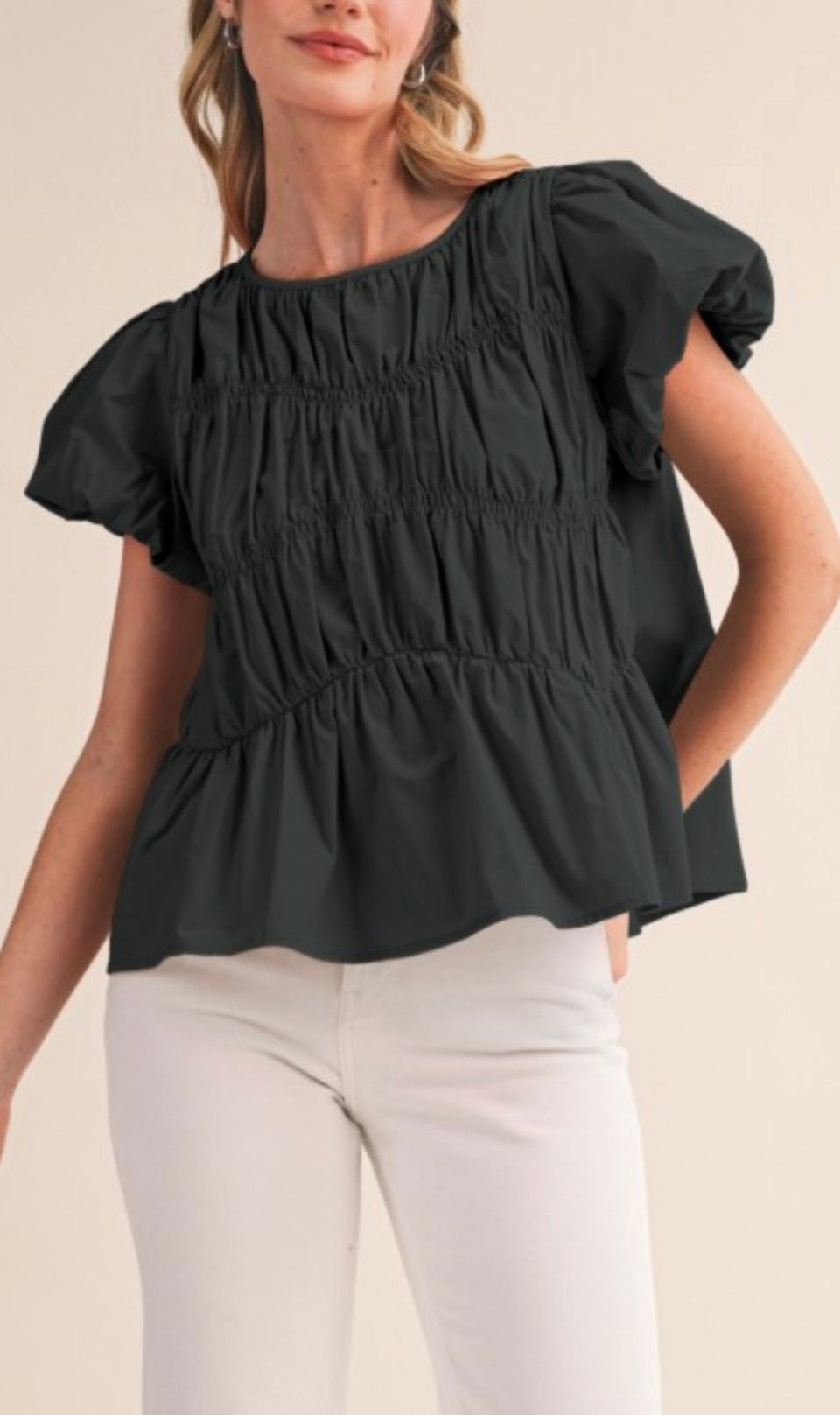 Tired Shirring Bubble Sleeves Top
