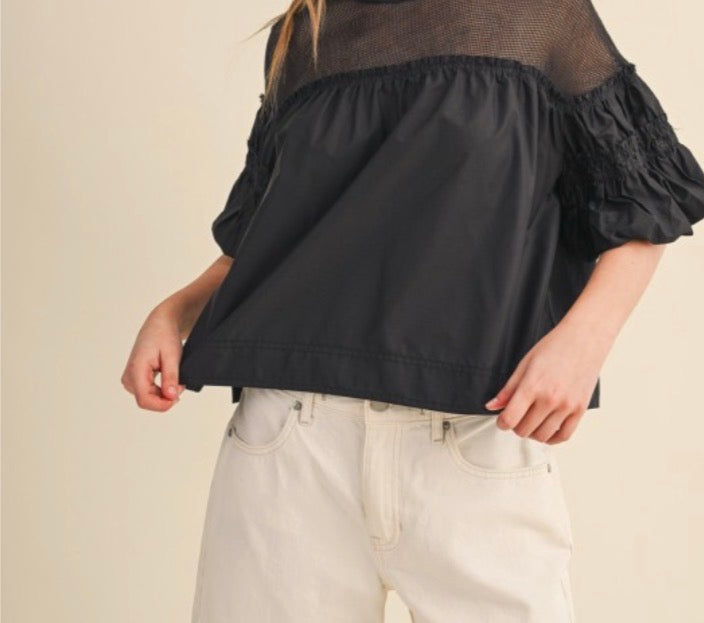 Sheer Mesh Yoke Bubble Top