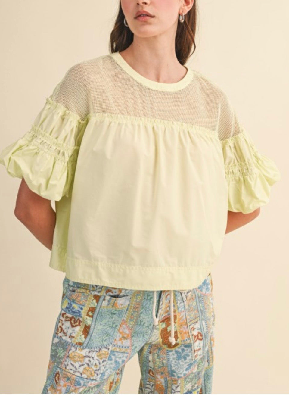 Sheer Mesh Yoke Bubble Top