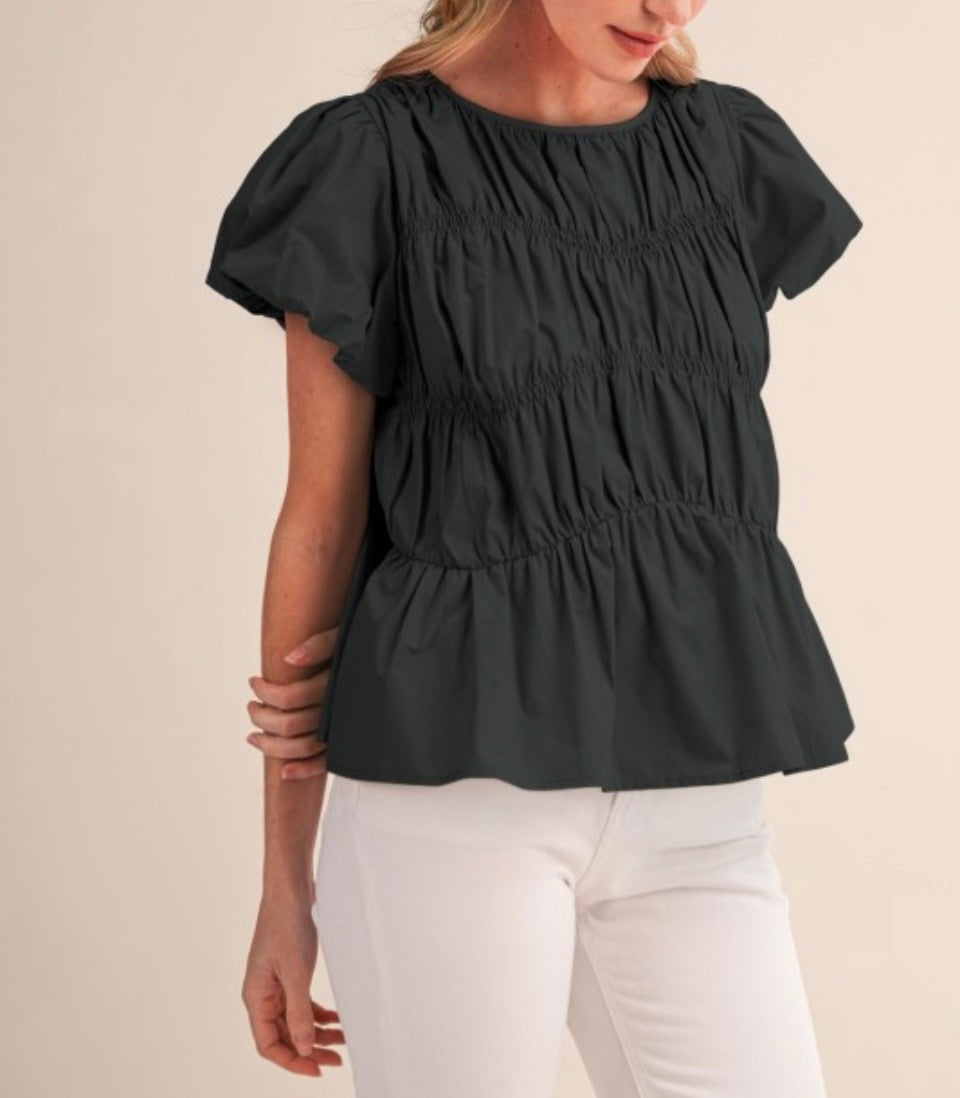 Tired Shirring Bubble Sleeves Top