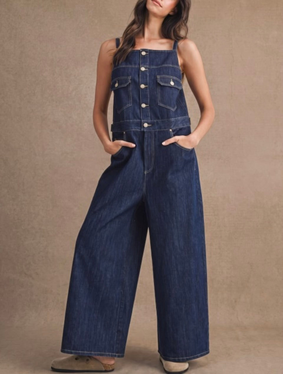 DENIM OVERALL WIDE LEG JUMPSUIT
