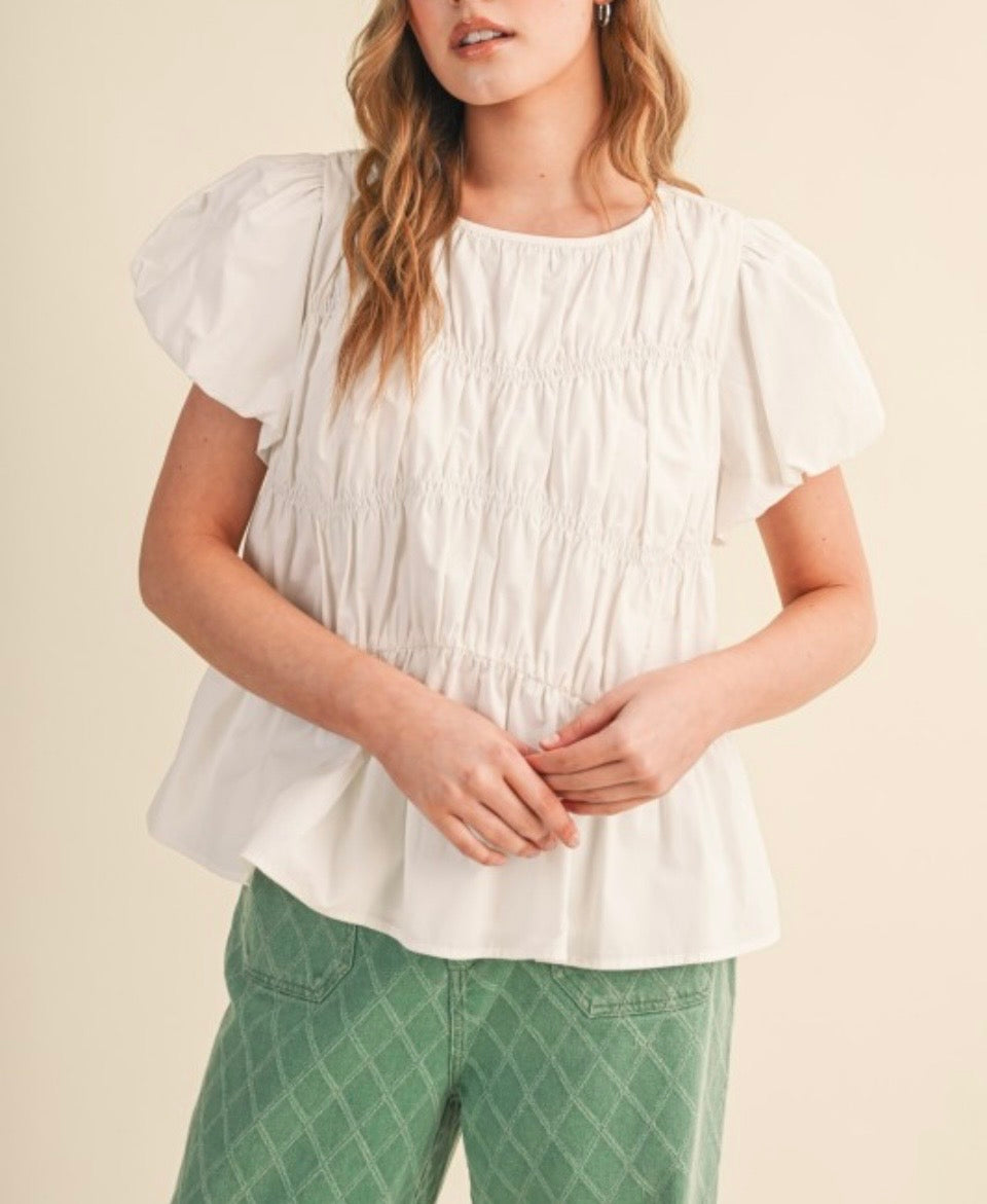 Tired Shirring Bubble Sleeves Top