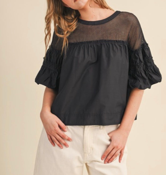 Sheer Mesh Yoke Bubble Top